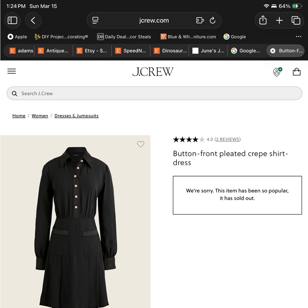 J Crew Black Button-Front Pleated Crepe Shirtdress size 12